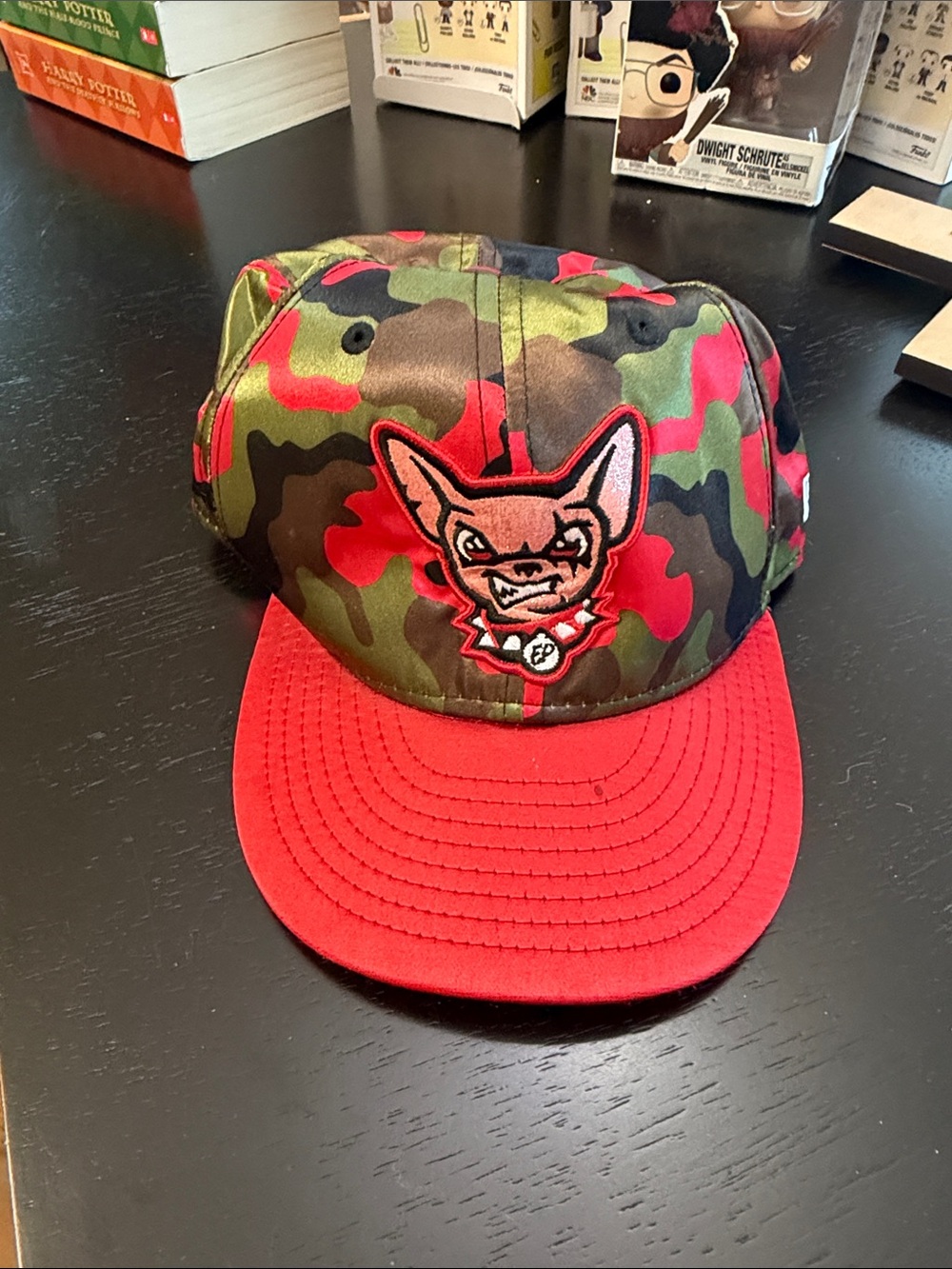 New Era Camo Baseball Cap with Red Brim and Bat Patch